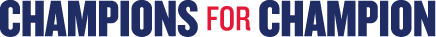 Text 'CHAMPIONS FOR CHAMPION' in blue and red on a white background
