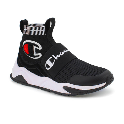 Introducing the Men's Rally Pro by Champion: a black slip-on sneaker featuring a white sole, eye-catching red and white Champion logo accents, a knit ankle collar for a snug fit, and a wide elastic strap across the top with the iconic Champion name—seamlessly combining high-top style with effortless comfort.
