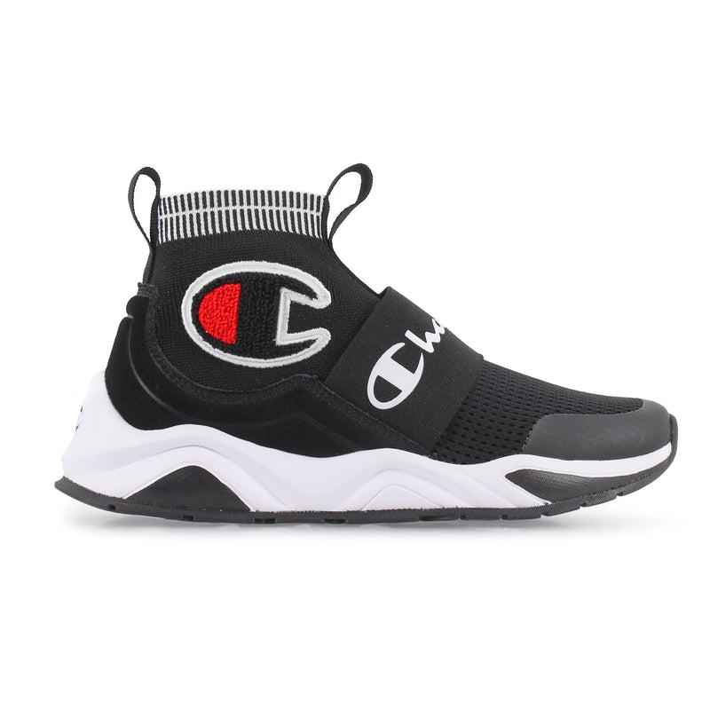 A black and white slip-on athletic sneaker from Champion, the Men's Rally Pro features a high knit ankle, a large embroidered “C” logo in black, white, and red, a white midsole, and a black elastic strap with the Champion logo.