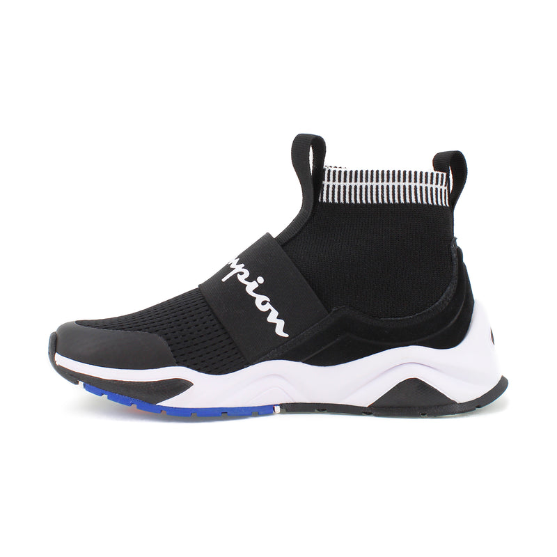 The Champion Men's Rally Pro features a black slip-on design with a white sole, blue accents on the outsole, mesh upper, elastic strap across the midfoot with white script, and a ribbed sock-like ankle collar adorned with black and white stripes. Effortlessly combining comfort and style, these high-top slip-on sneakers for men are perfect for elevating your everyday look.