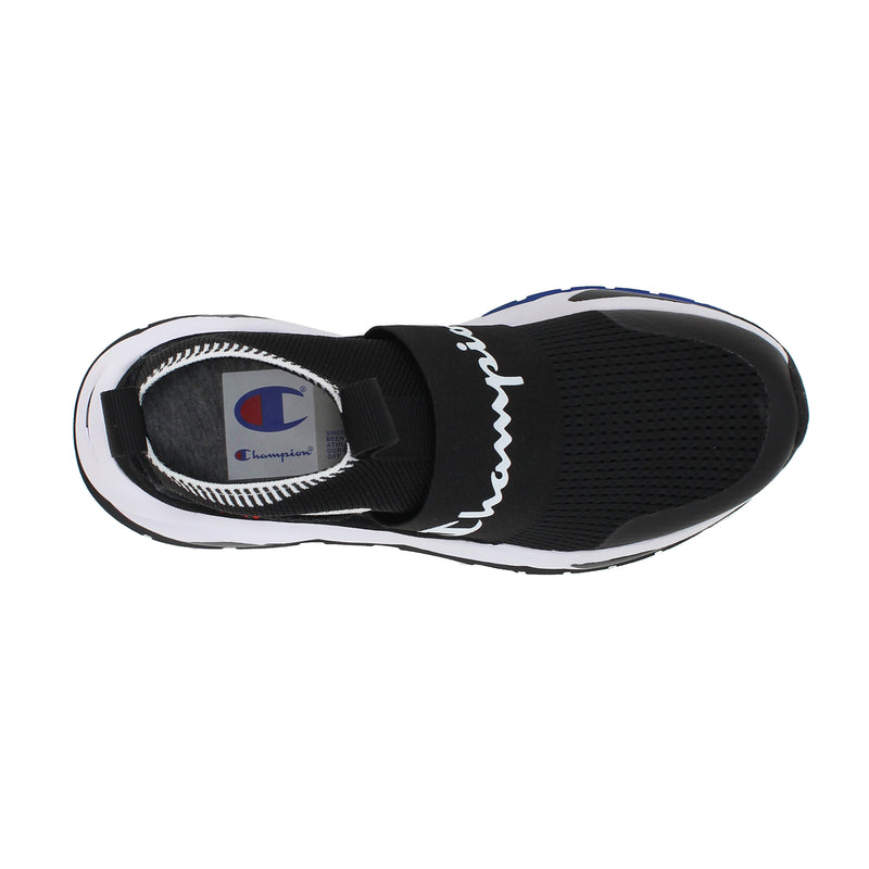 Top view of a black Champion Men's Rally Pro slip-on sneaker featuring a white sole, mesh upper, and "Champion" script across the top band.