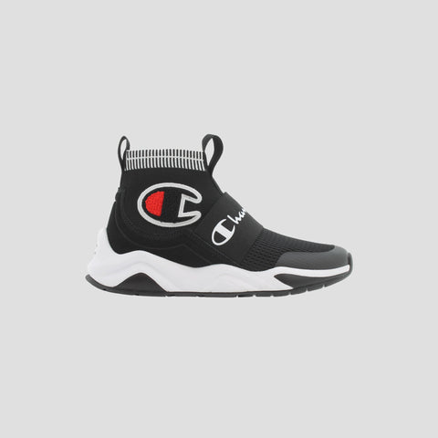 The Champion Kids' Rally Pro high-top sneakers feature a black and white design, sock-style ankle collar, thick white sole, and the Champion logo in red, white, and black—modern sporty shoes perfect for active kids.