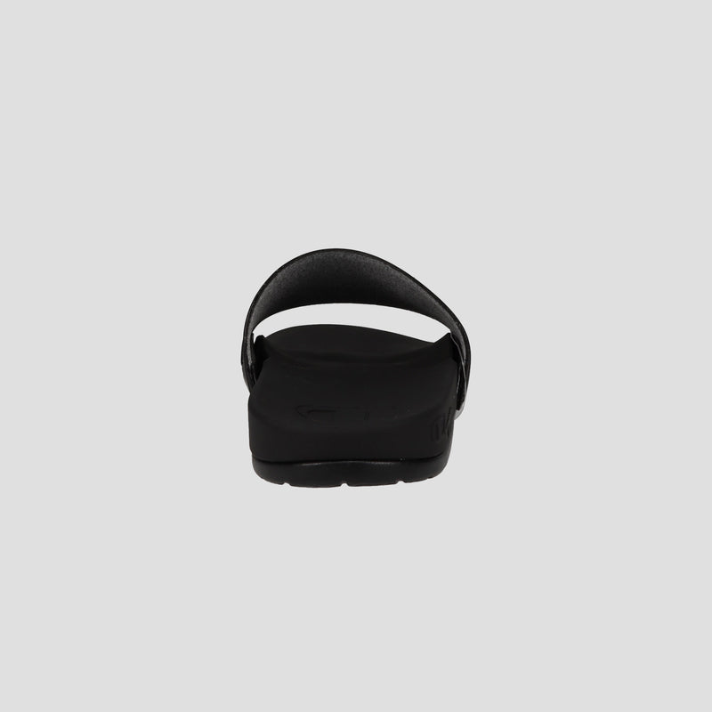 A black Champion Men's IPO Squish Slide sandal viewed from the back displays an open heel, curved strap, contoured footbed, and textured sole against a plain light gray background.