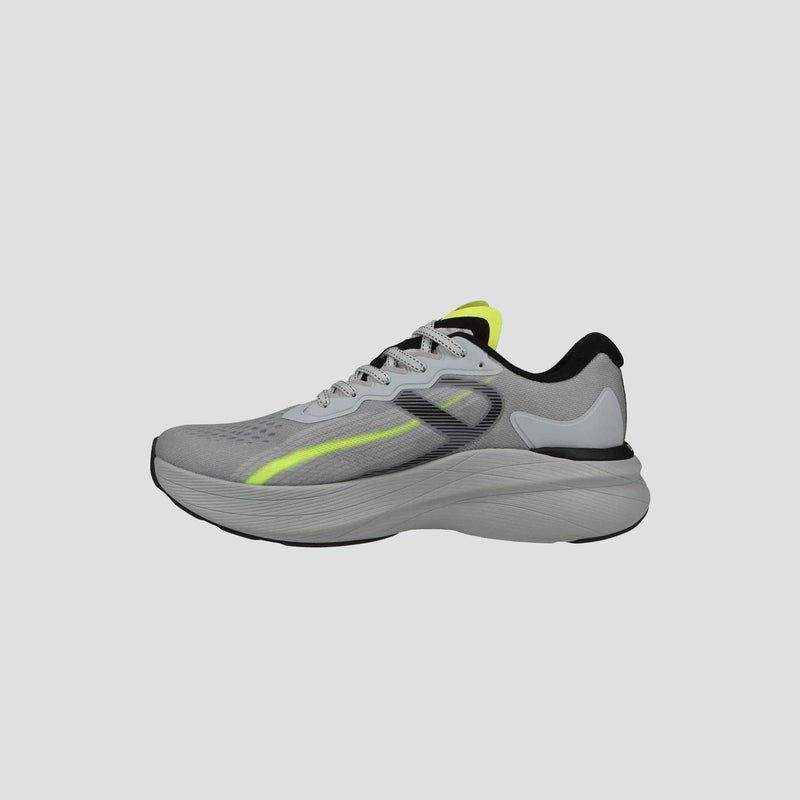 The Men's Acceleron by Champion is a light gray running shoe with black and neon yellow accents, white laces and sole, and a black heel trim, displayed in side profile on a plain background.