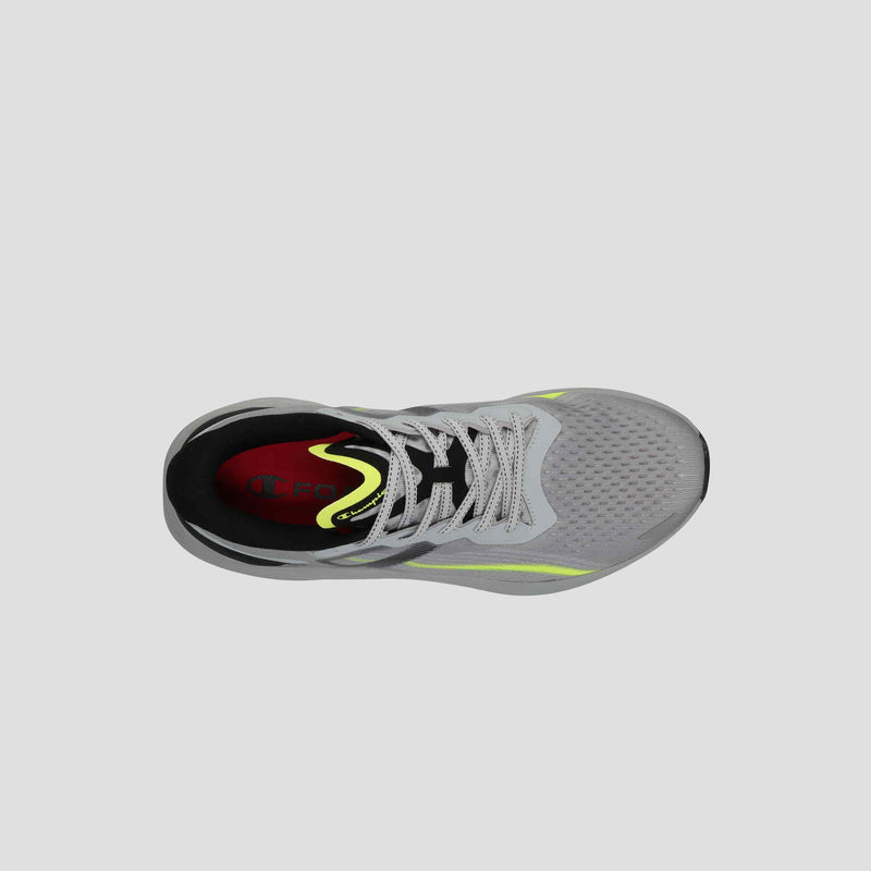 Top view of Champion Men's Acceleron sneakers—gray running shoes with white laces, a black and red insole, and yellow accents on a light gray background.