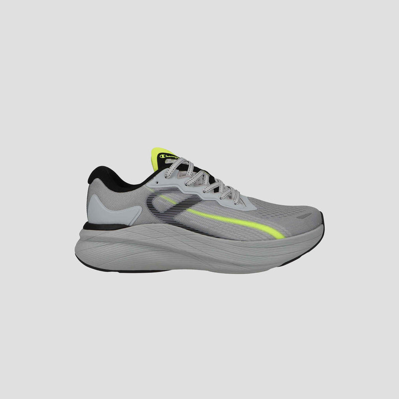A side view of the Champion Men's Acceleron in gray with a white sole, black heel, neon yellow accents, and white laces, set against a plain light gray background.