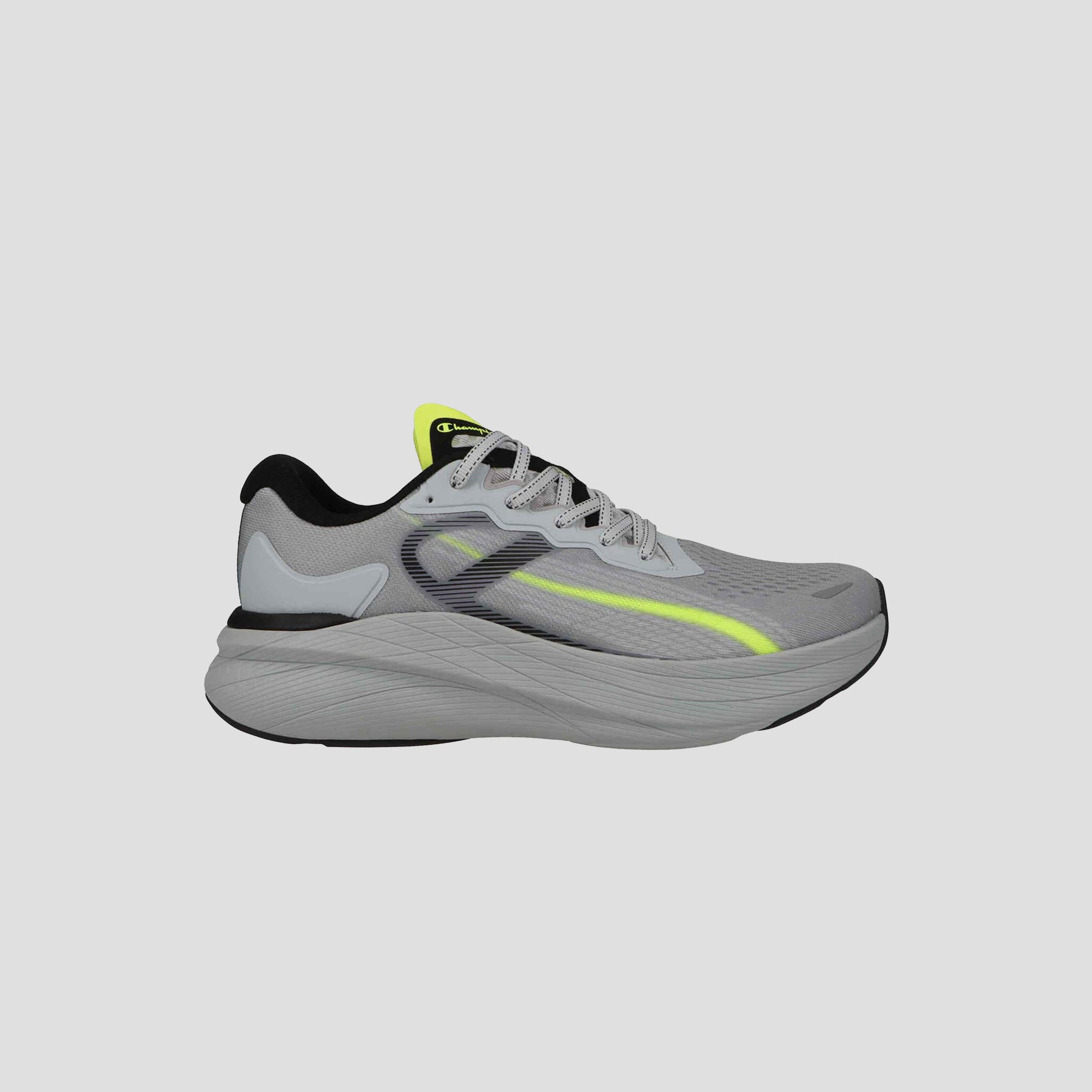 A side view of the Champion Men's Acceleron in gray with a white sole, black heel, neon yellow accents, and white laces, set against a plain light gray background.