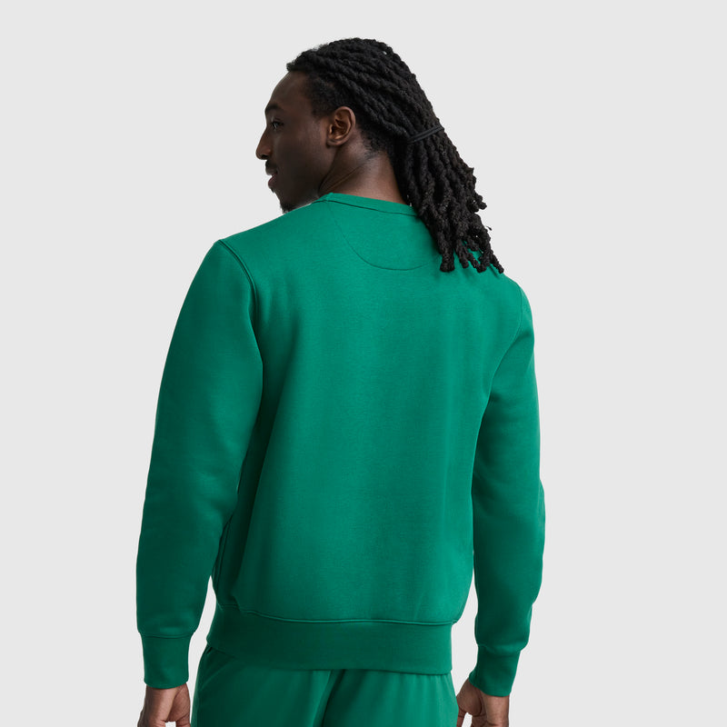 A person with long, dark dreadlocks wears a Champion Powerblend Crewneck Sweatshirt, Classic Script Logo in green and matching pants, standing with their back to the camera against a plain light gray background.