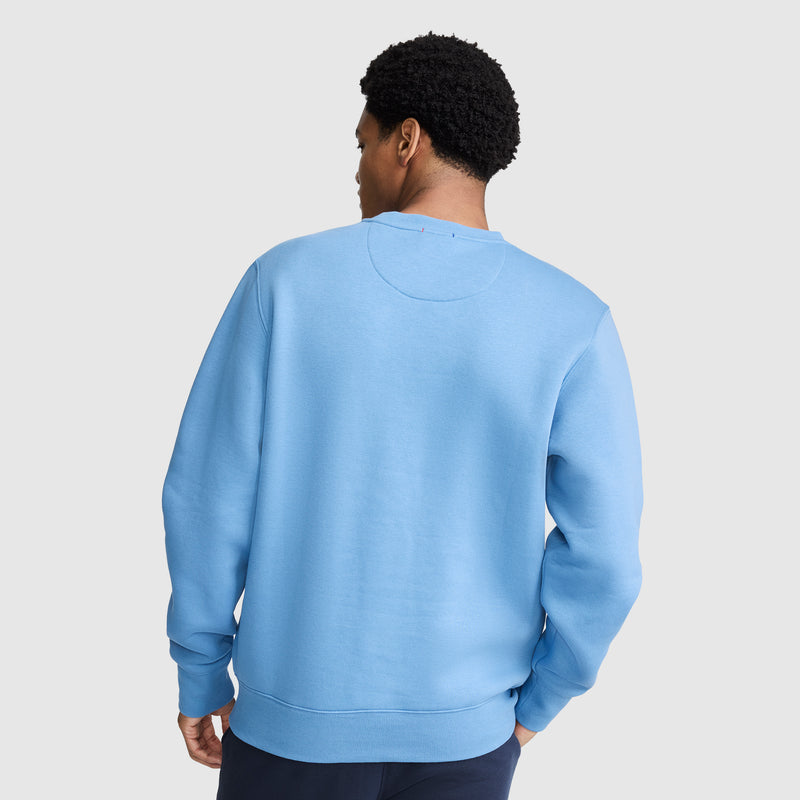 A person stands facing away from the camera, wearing a light blue Champion Powerblend Crewneck Sweatshirt with the classic script logo and dark pants against a plain gray background.