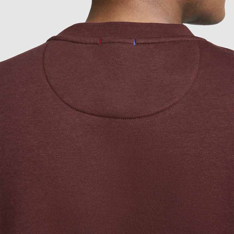 Close-up of the back of a person’s neck and shoulders wearing a maroon Champion Powerblend Crewneck Sweatshirt, Classic Script Logo, featuring visible stitching details and small red and blue threads on the collar.