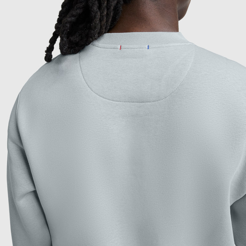 Back view of a person with long, dark dreadlocks wearing a light gray Champion Powerblend Crewneck, Tonal Script Logo. The top features small red, white, and blue stitches near the neckline.