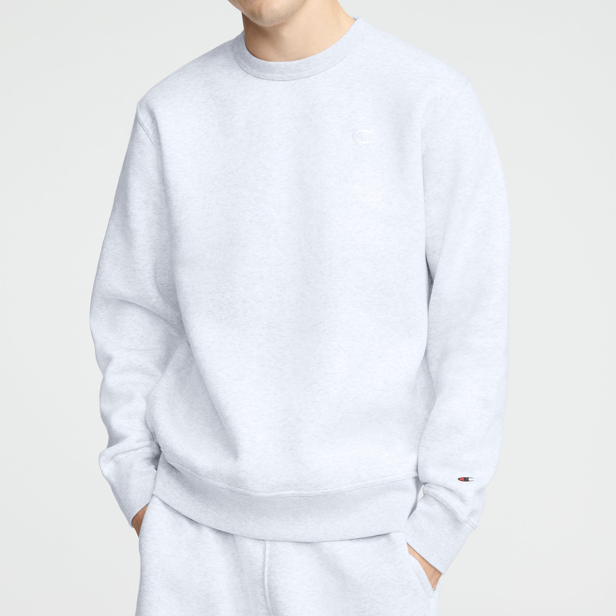 Champion Powerblend Crewneck Sweatshirt, C Logo in Platinum Silver Heather