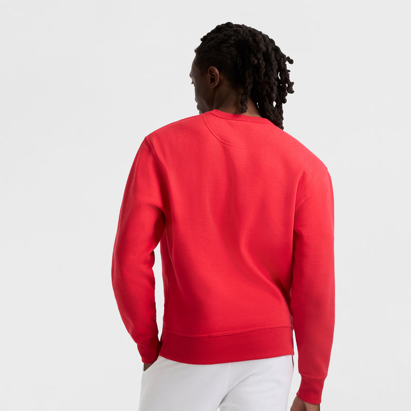 A person with long, twisted hair faces away from the camera, wearing a bright red Champion Powerblend Crewneck Sweatshirt (C Logo) and white pants against a plain white background.