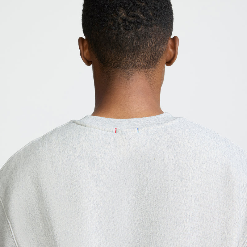 A person with short hair is seen from behind wearing a Champion Reverse Weave Crewneck Sweatshirt, C Logo, in light gray heavyweight fleece. Small red and blue stitches are near the back neckline against a plain white background.