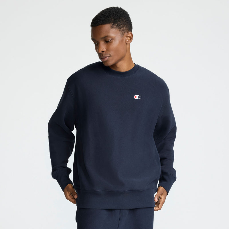 Champion Reverse Weave Crewneck Sweatshirt, C Logo in Deep Navy