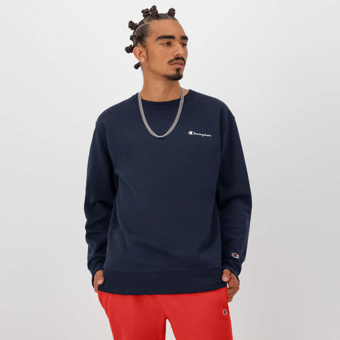Champion Powerblend Crewneck Sweatshirt, Left Script Logo in Navy