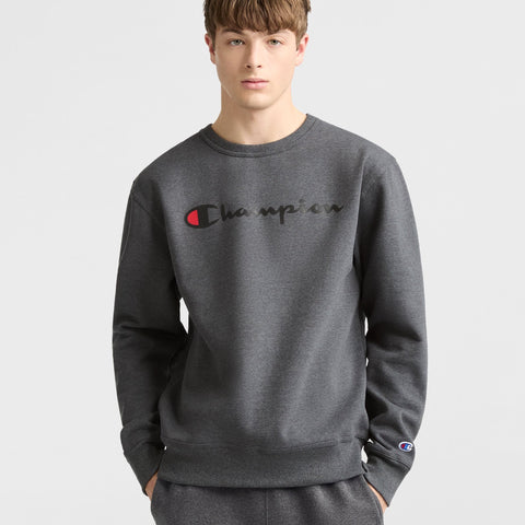 Champion Powerblend Crewneck Sweatshirt, Classic Script Logo in Granite Heather