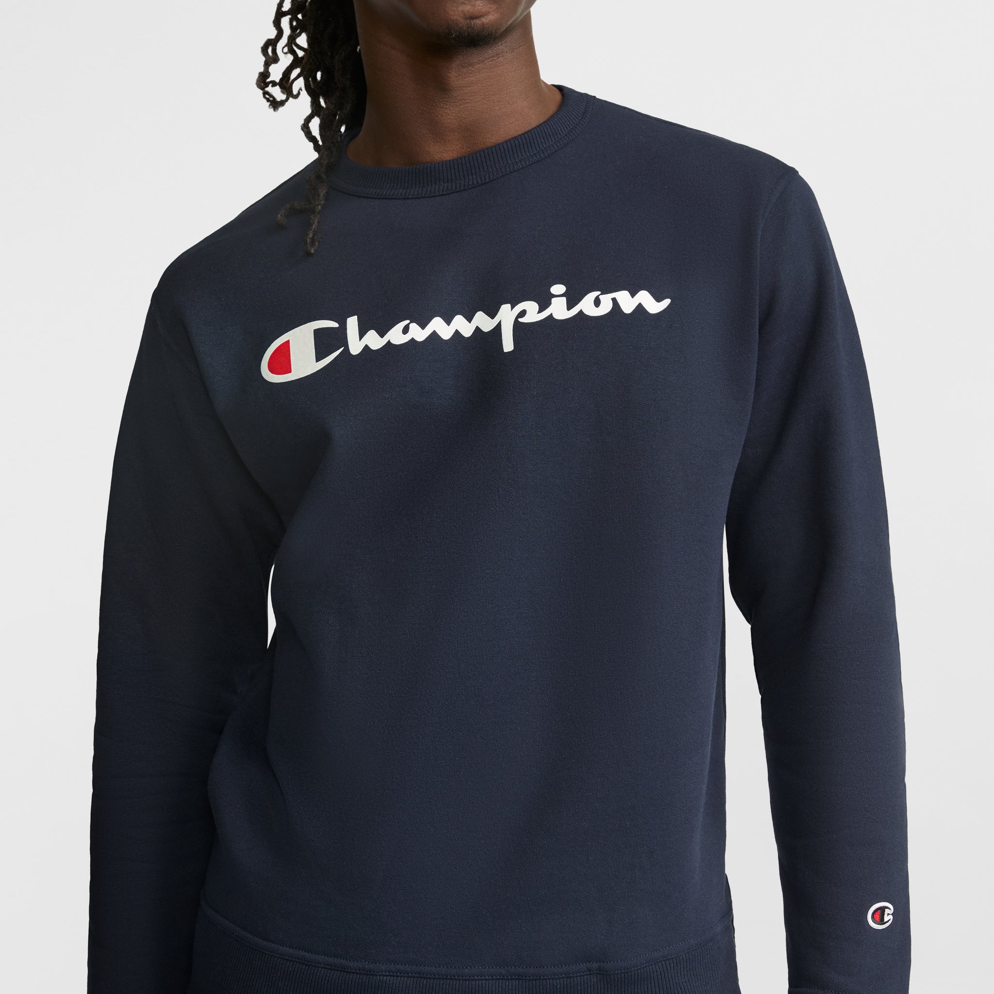Champion Powerblend Crewneck Sweatshirt, Classic Script Logo in Navy