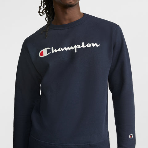 Champion Powerblend Crewneck Sweatshirt, Classic Script Logo in Navy