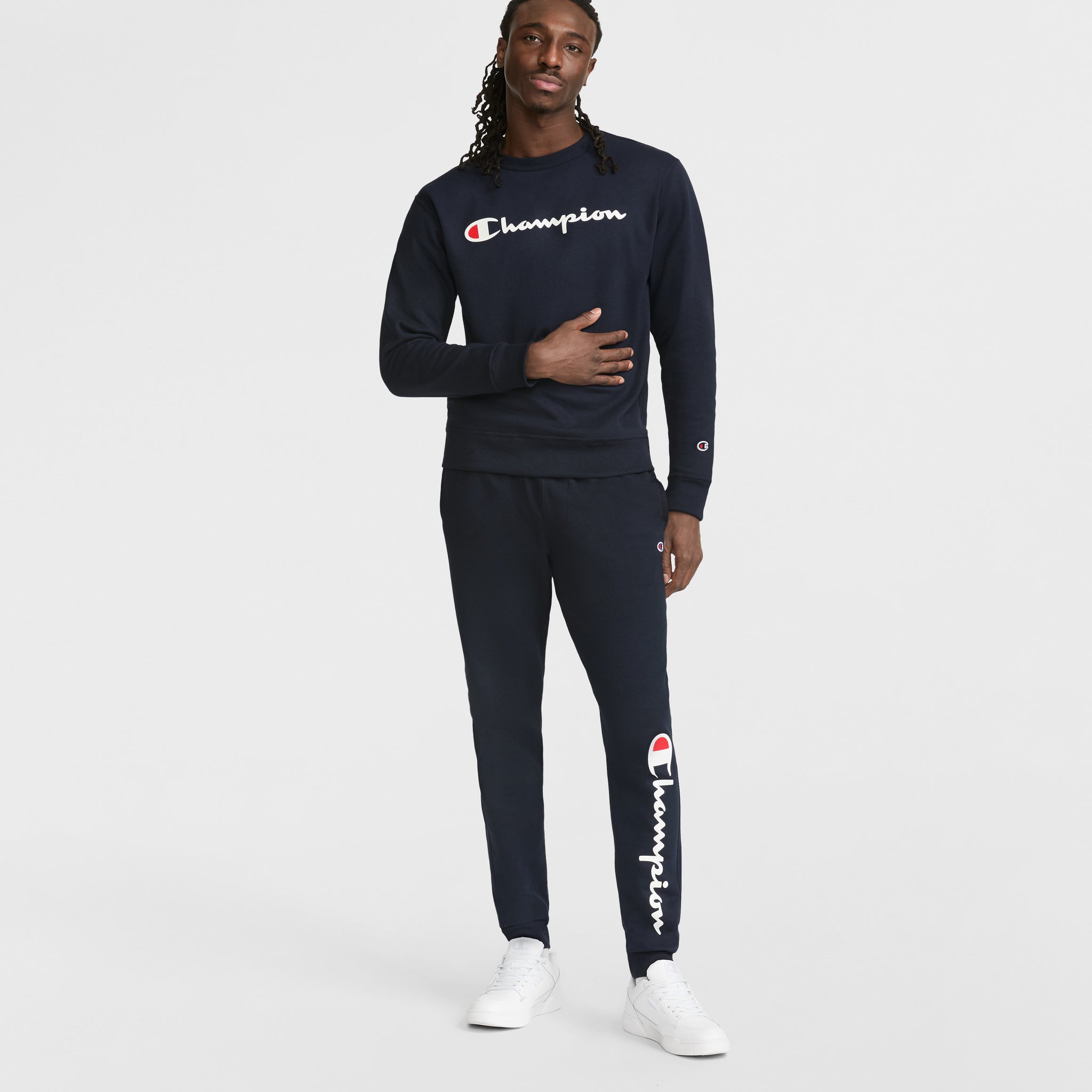 Champion Powerblend Crewneck Sweatshirt, Classic Script Logo in Navy