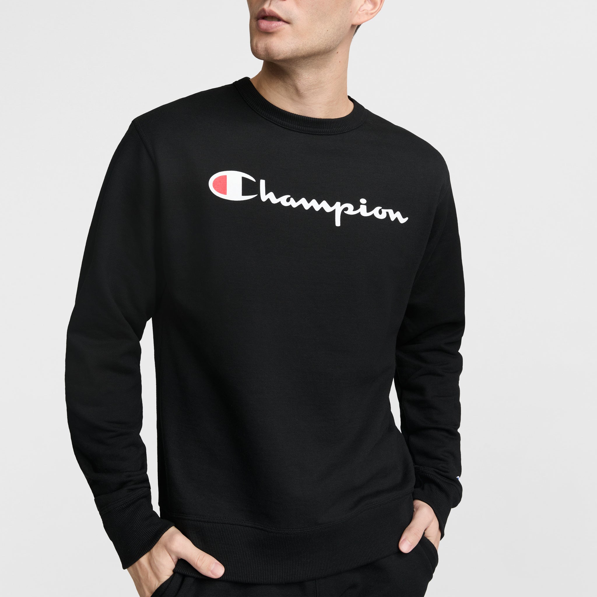 Champion Powerblend Crewneck Sweatshirt, Classic Script Logo in Black
