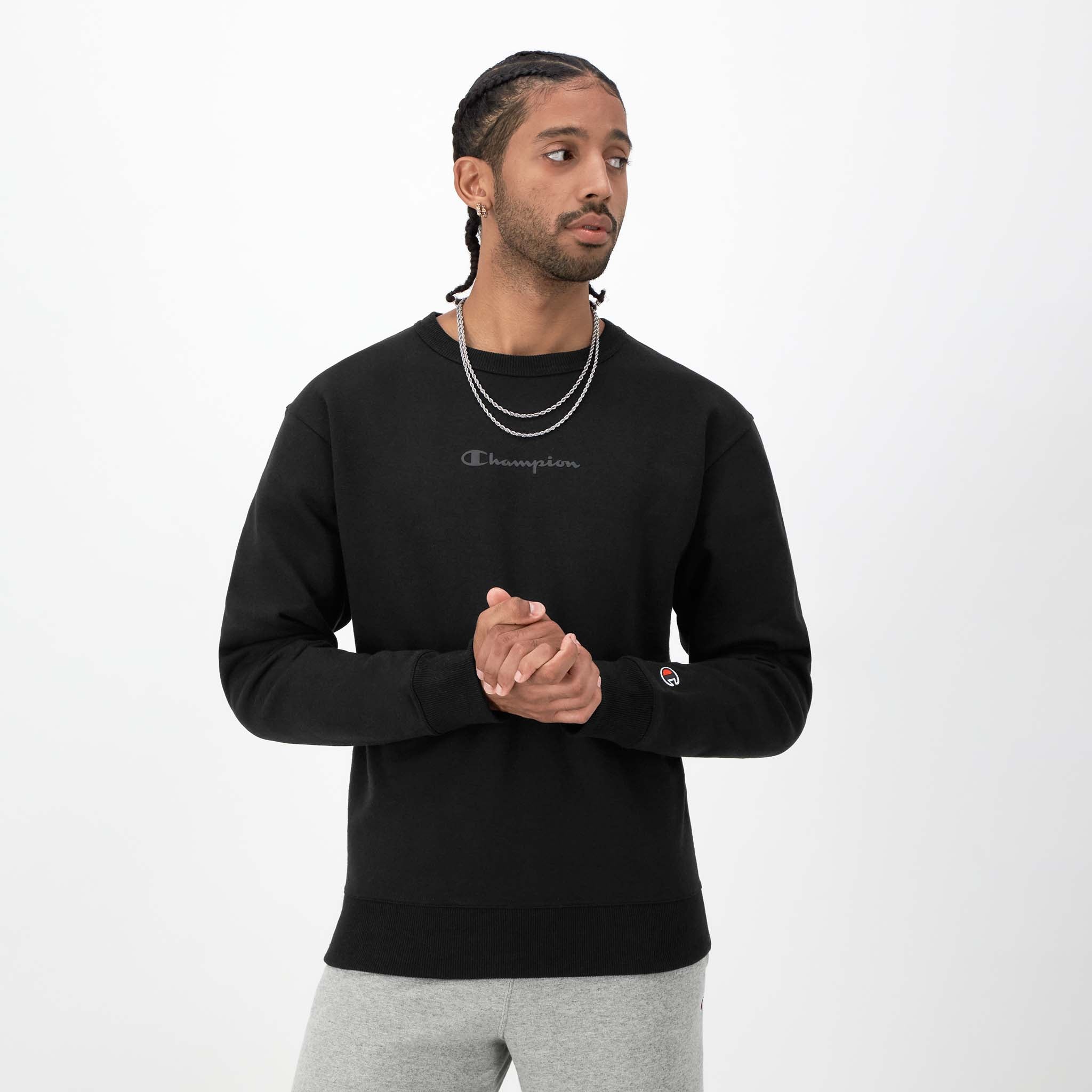 Champion Powerblend Crewneck Sweatshirt, Tonal Script Logo in Black