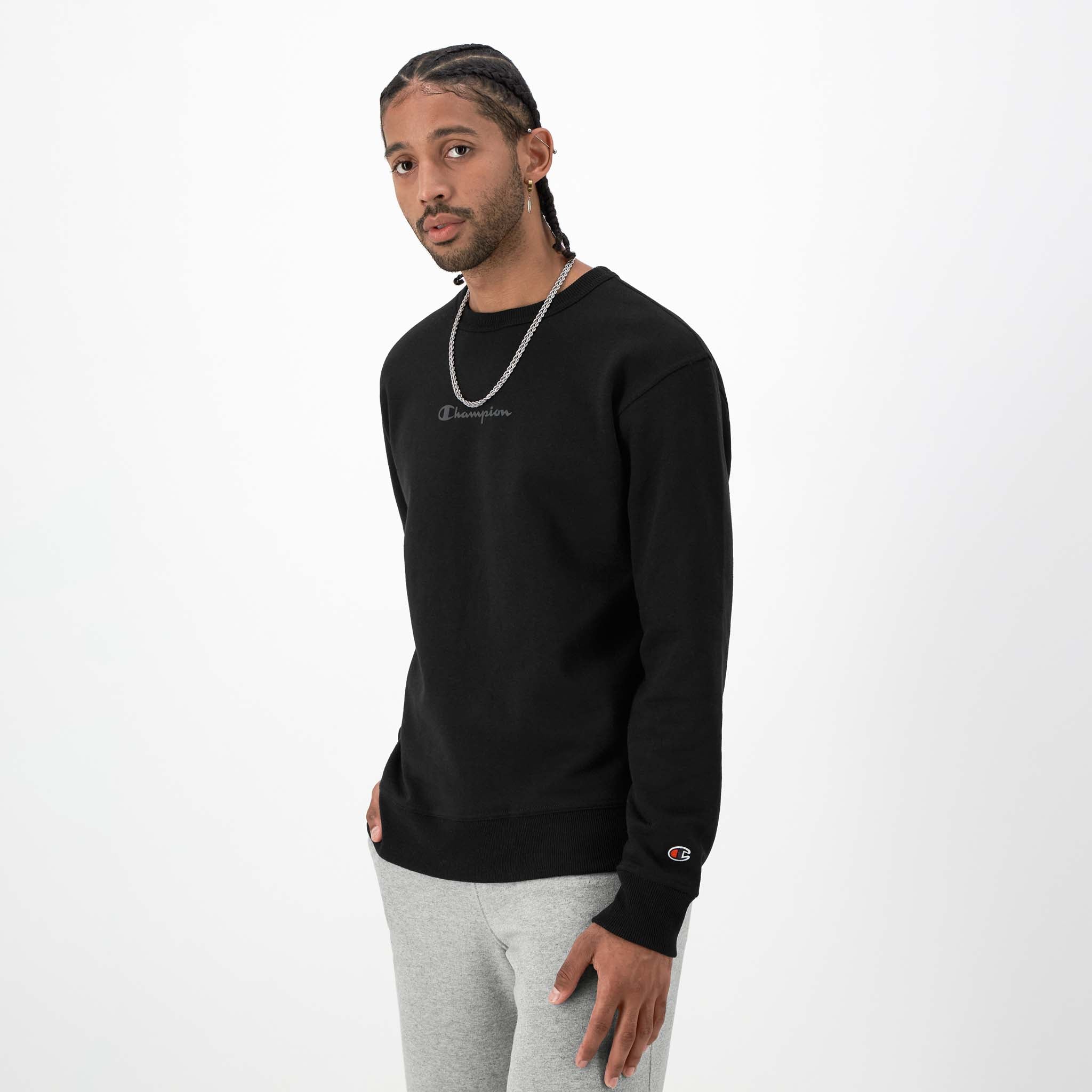 Champion Powerblend Crewneck Sweatshirt, Tonal Script Logo in Black