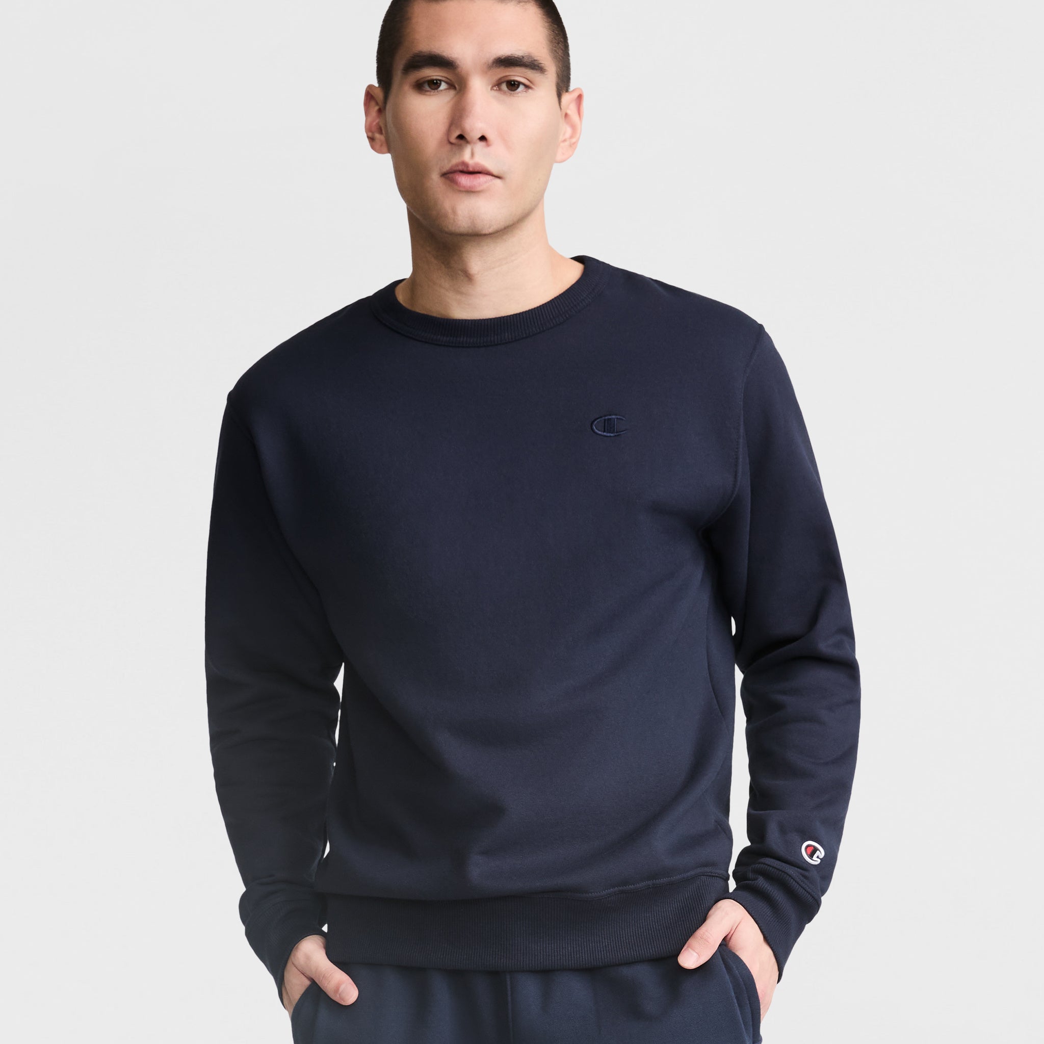 Champion Powerblend Crewneck Sweatshirt, C Logo in Navy