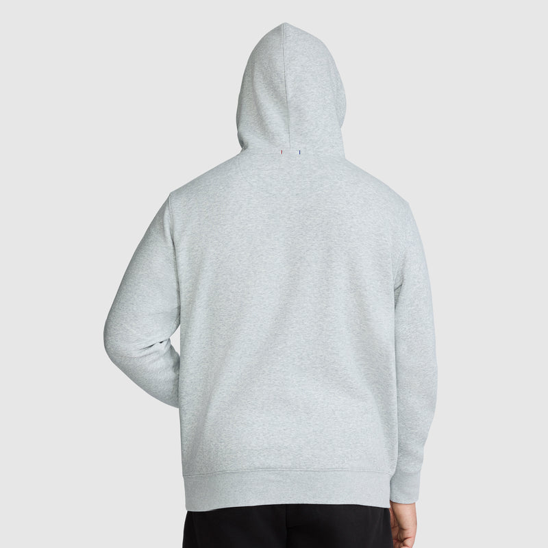 Back view of a gray midweight Champion Powerblend Hoodie, Full Script Logo - Big & Tall with a small logo detail at the base of the hood.