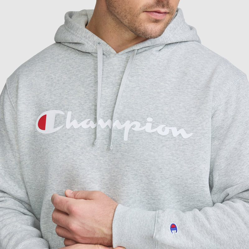 A grey Champion Powerblend Hoodie, Full Script Logo - Big & Tall featuring the brand name printed in white and red across the chest and a small logo patch on the left sleeve.