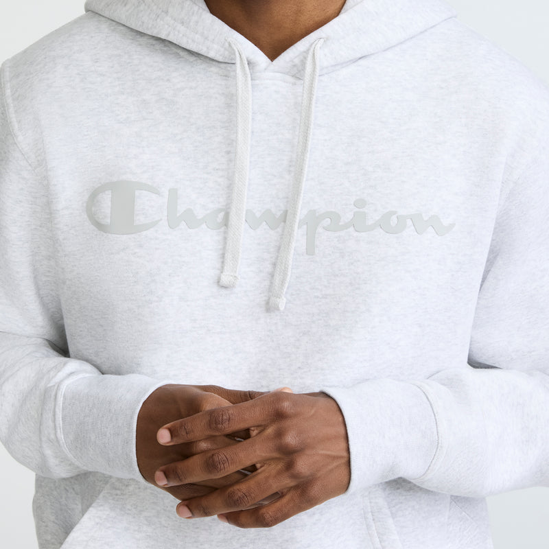 Champion Powerblend Hoodie, Tonal Script Logo in Platinum Silver Heather