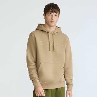 Champion Powerblend Hoodie, Tonal Script Logo in Sand Pepper Khaki