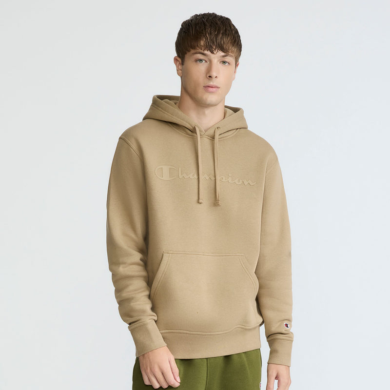 Champion Powerblend Hoodie, Tonal Script Logo in Sand Pepper Khaki