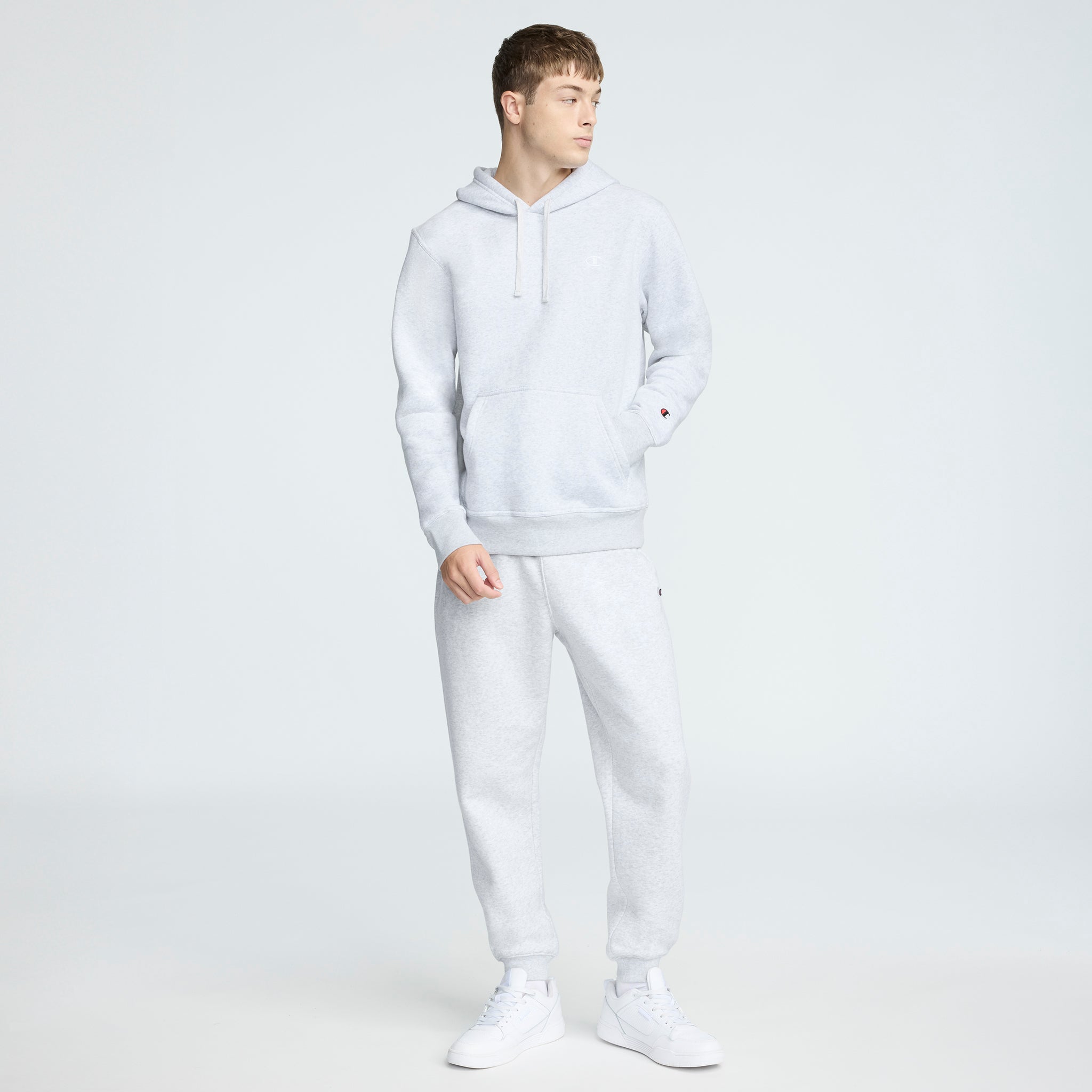 Champion Powerblend Hoodie, C Logo in Platinum Silver Heather