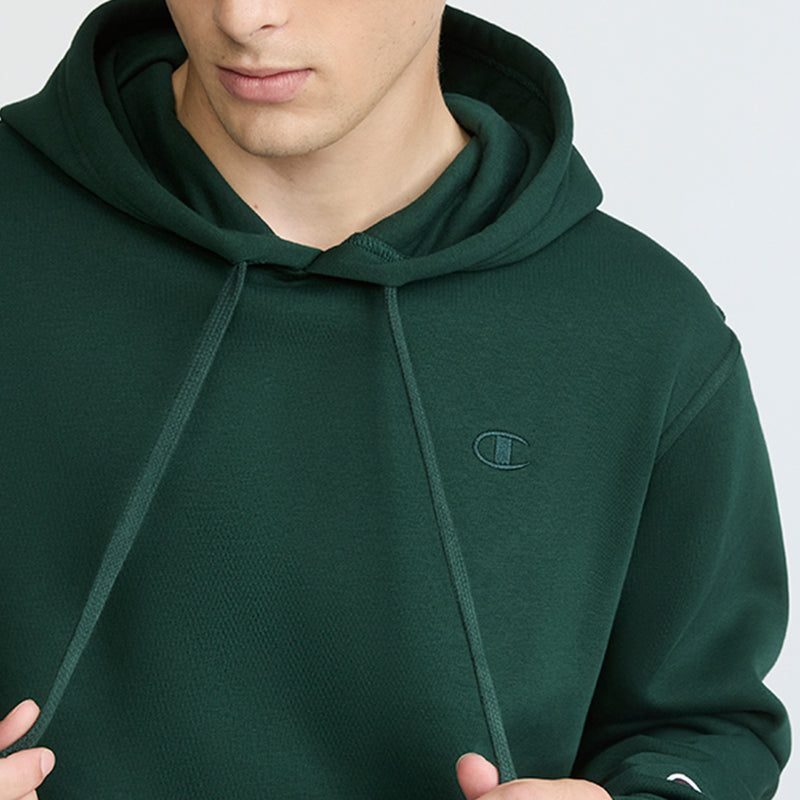 Green hoodie with a brand logo on a white background
