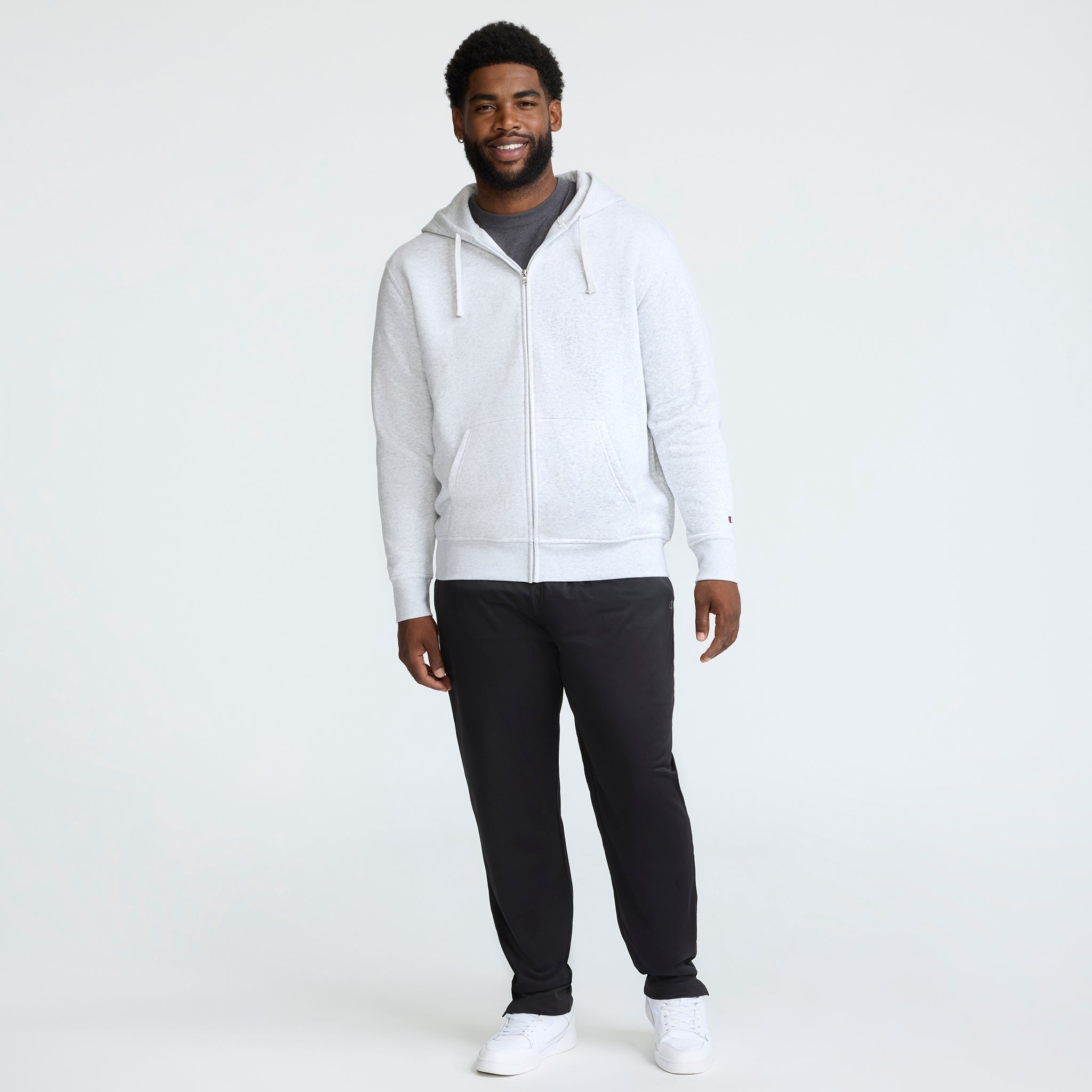 Champion Powerblend Full-Zip Hoodie, C Logo - Big & Tall in Platinum Silver Heather