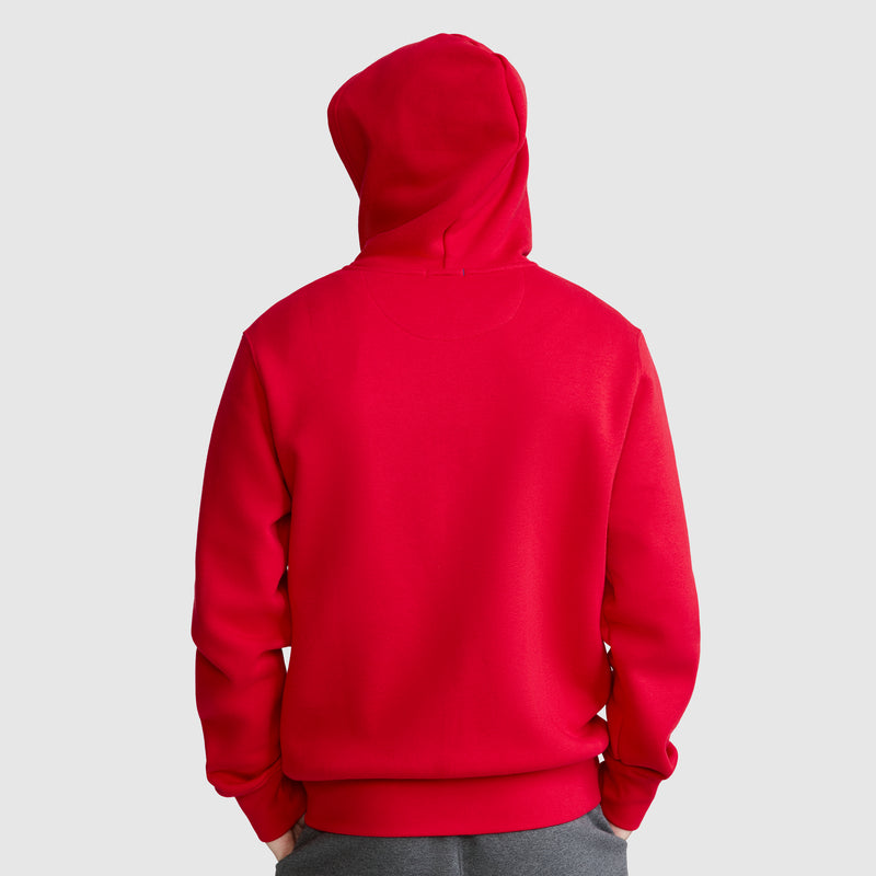 A person wearing a bright red Champion Powerblend Full-Zip Hoodie, C Logo, and gray Champion Men's Powerblend Sweatpants is standing with their back to the camera. The men's fleece sweatpants feature a cinched bottom, and the hood is up against a plain light gray background.