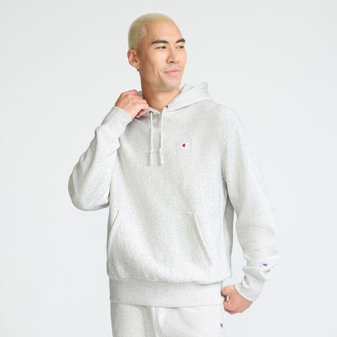 Champion Reverse Weave Hoodie, C Logo in Platinum Silver Heather