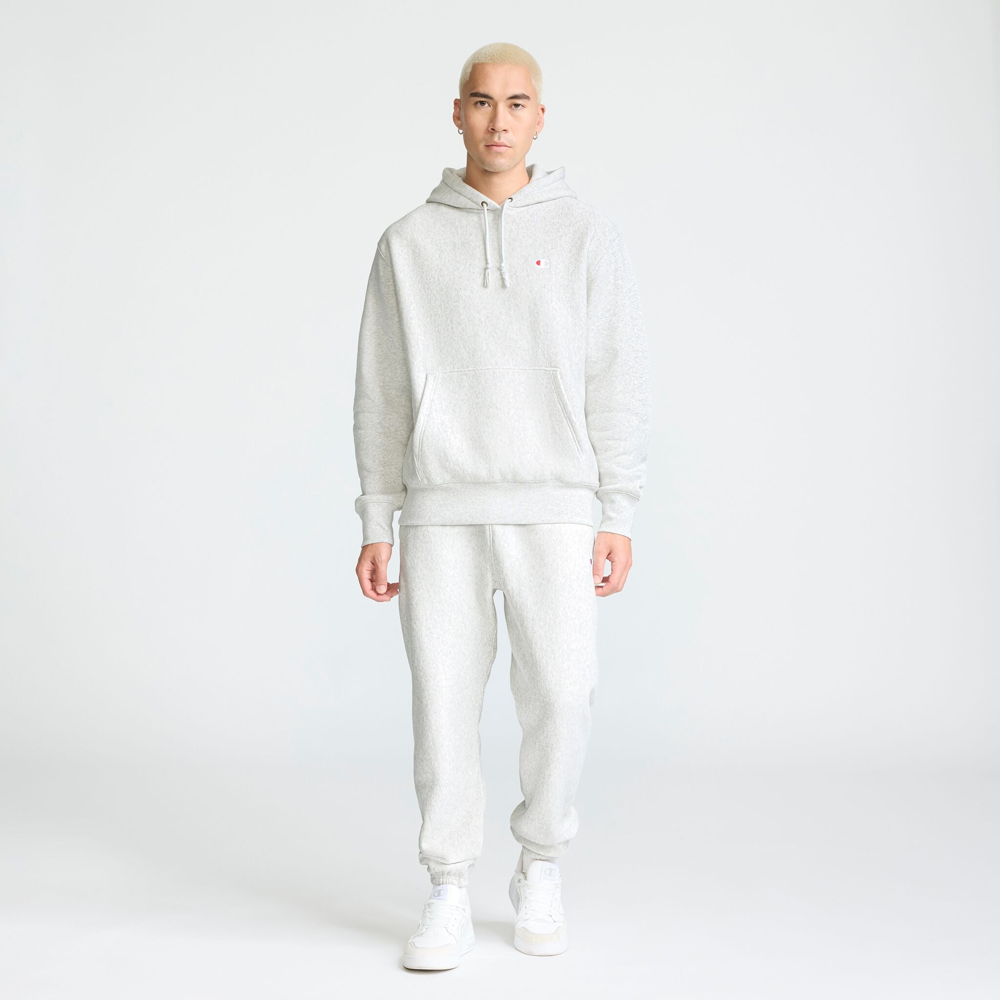 Champion Reverse Weave Hoodie, C Logo in Platinum Silver Heather