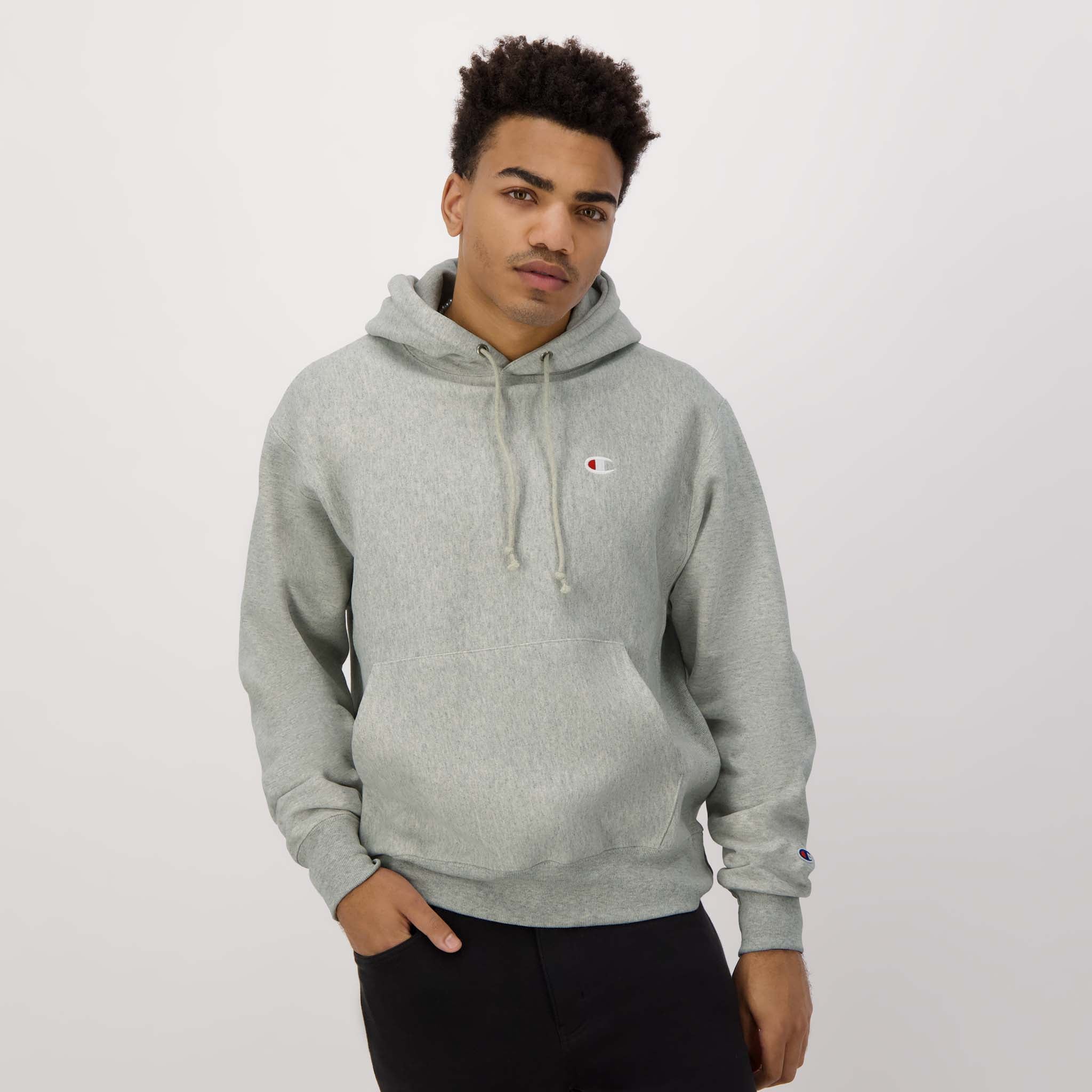 Champion Reverse Weave Hoodie, C Logo in New Manhattan Mist Heather