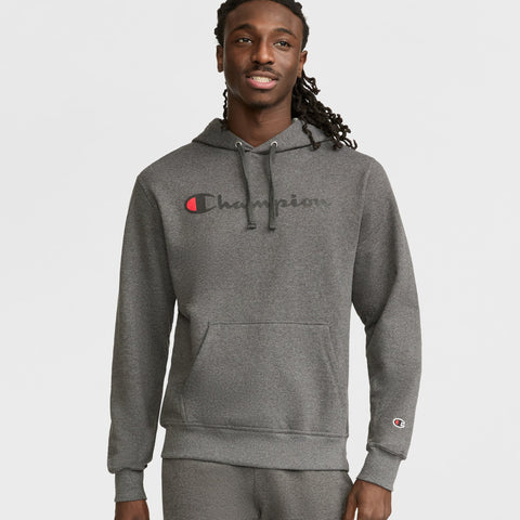 Champion Powerblend Hoodie, Full Script Logo in Granite Heather