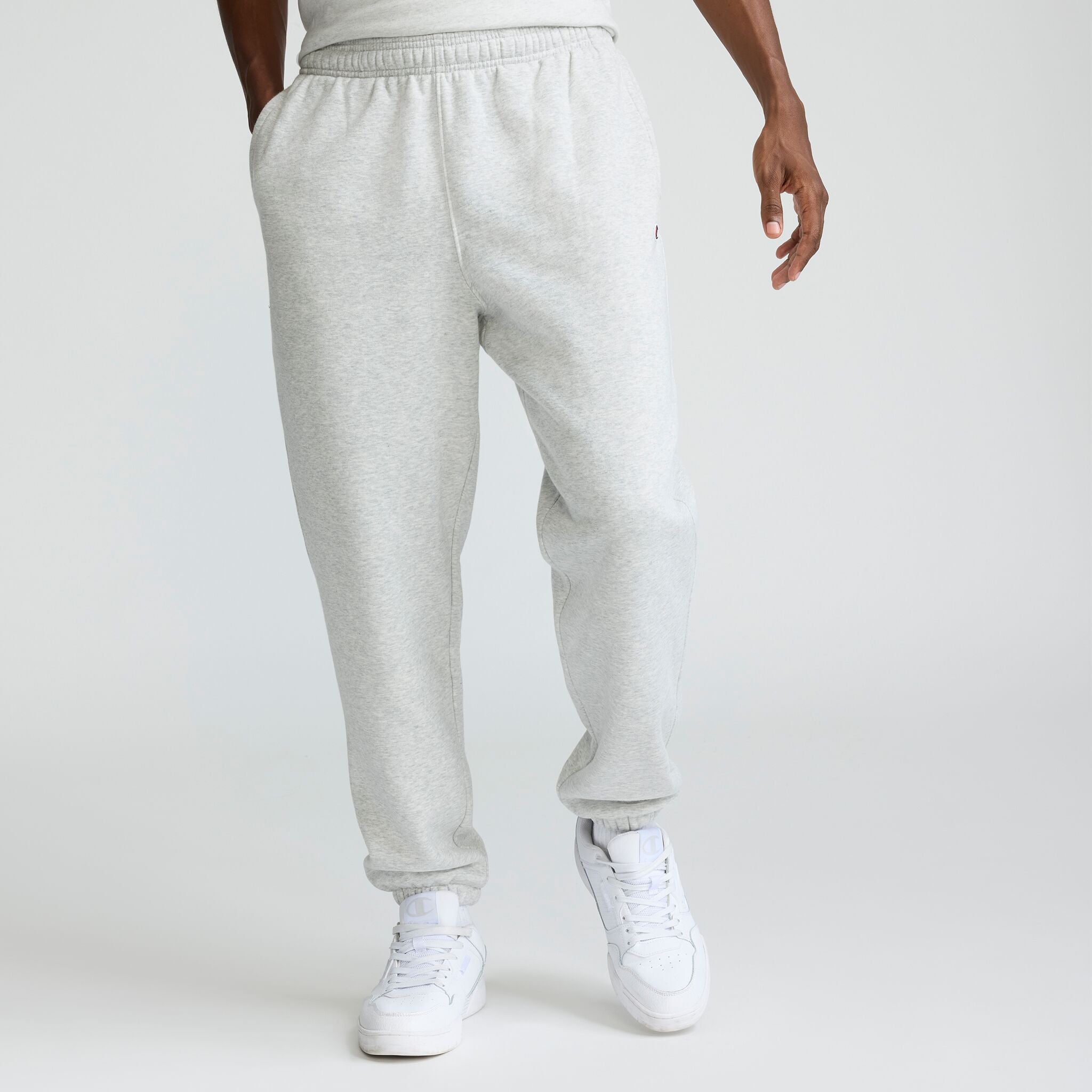 Champion Powerblend Sweatpants, Relaxed Hem, C Logo in Platinum Silver Heather
