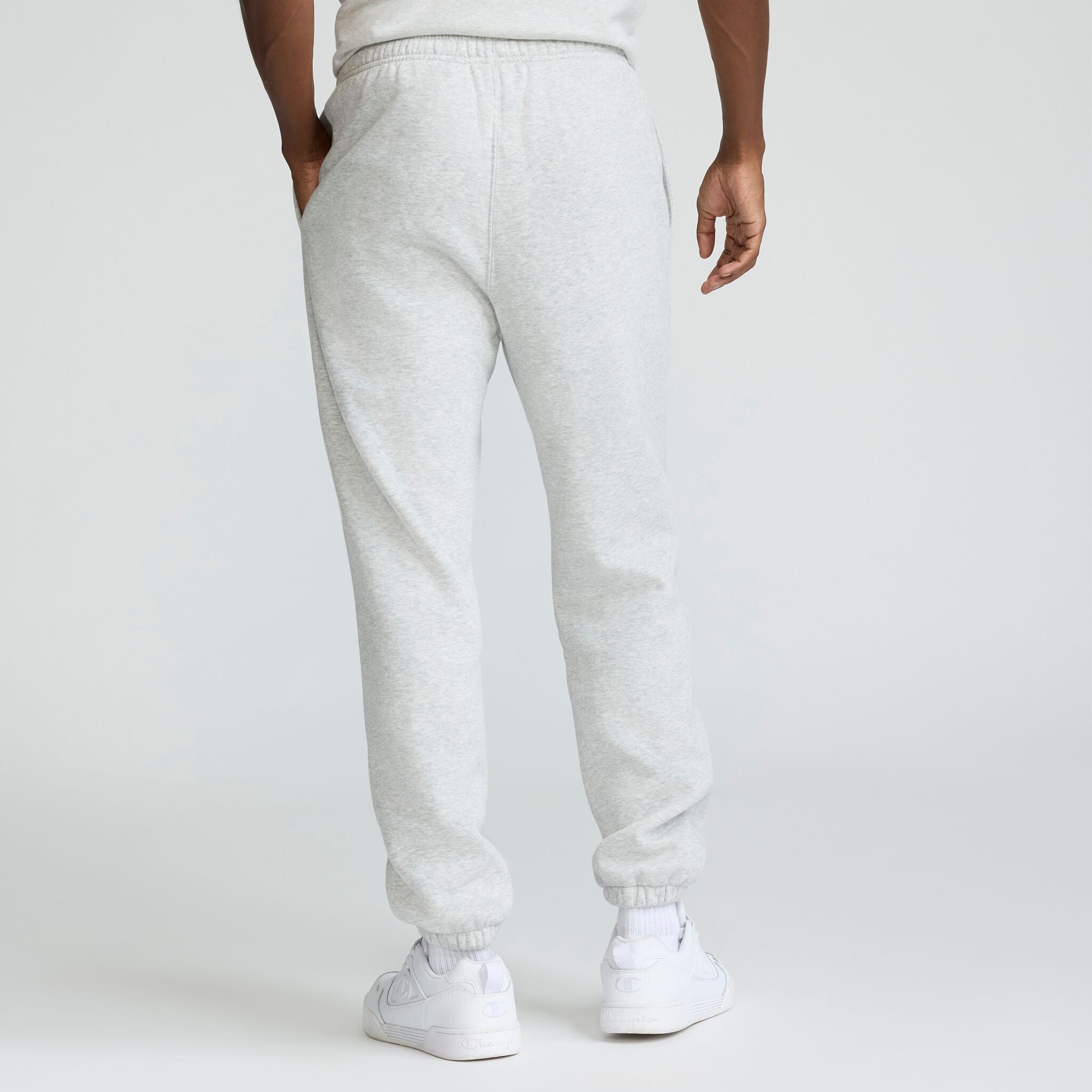 Champion Powerblend Sweatpants, Relaxed Hem, C Logo in Platinum Silver Heather