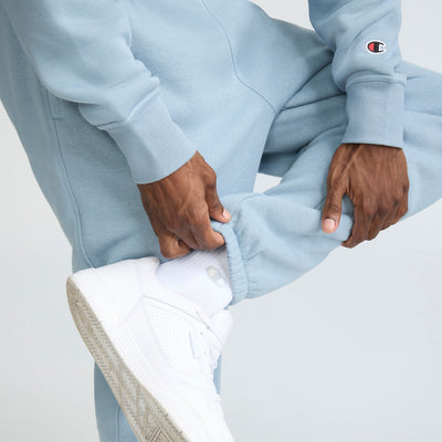 Champion Powerblend Sweatpants, Relaxed Hem, C Logo in Cloudy Blue