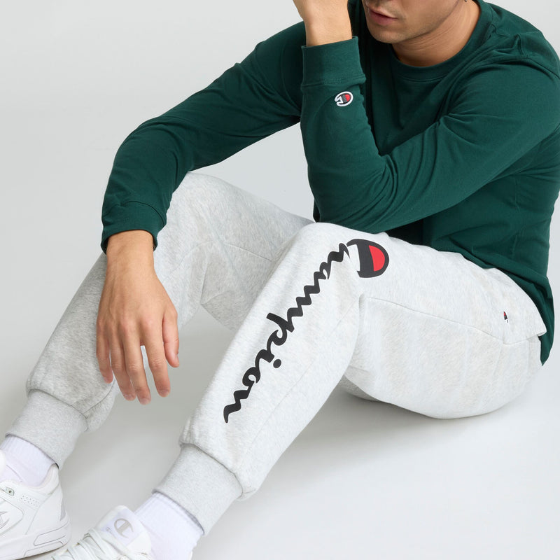 Champion Powerblend Joggers, Script Logo in Platinum Silver Heather