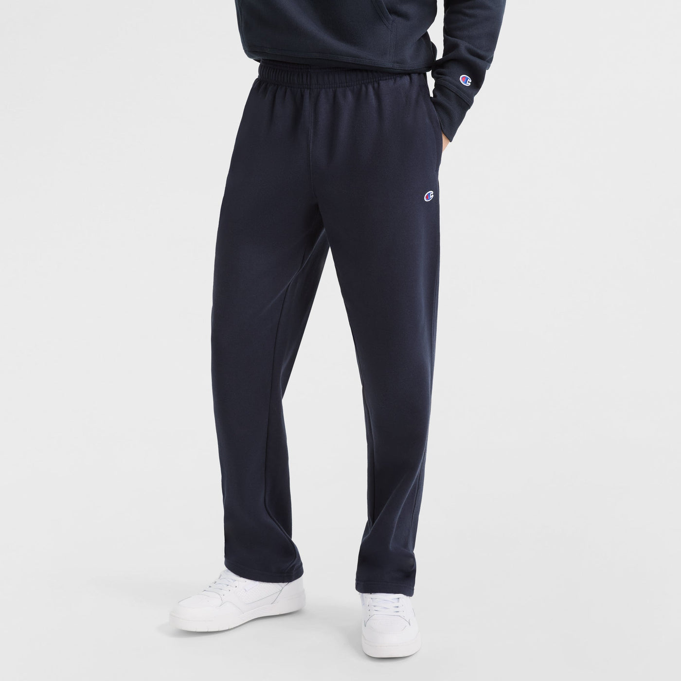 Champion Powerblend Sweatpants, Open Hem, C Logo in Navy