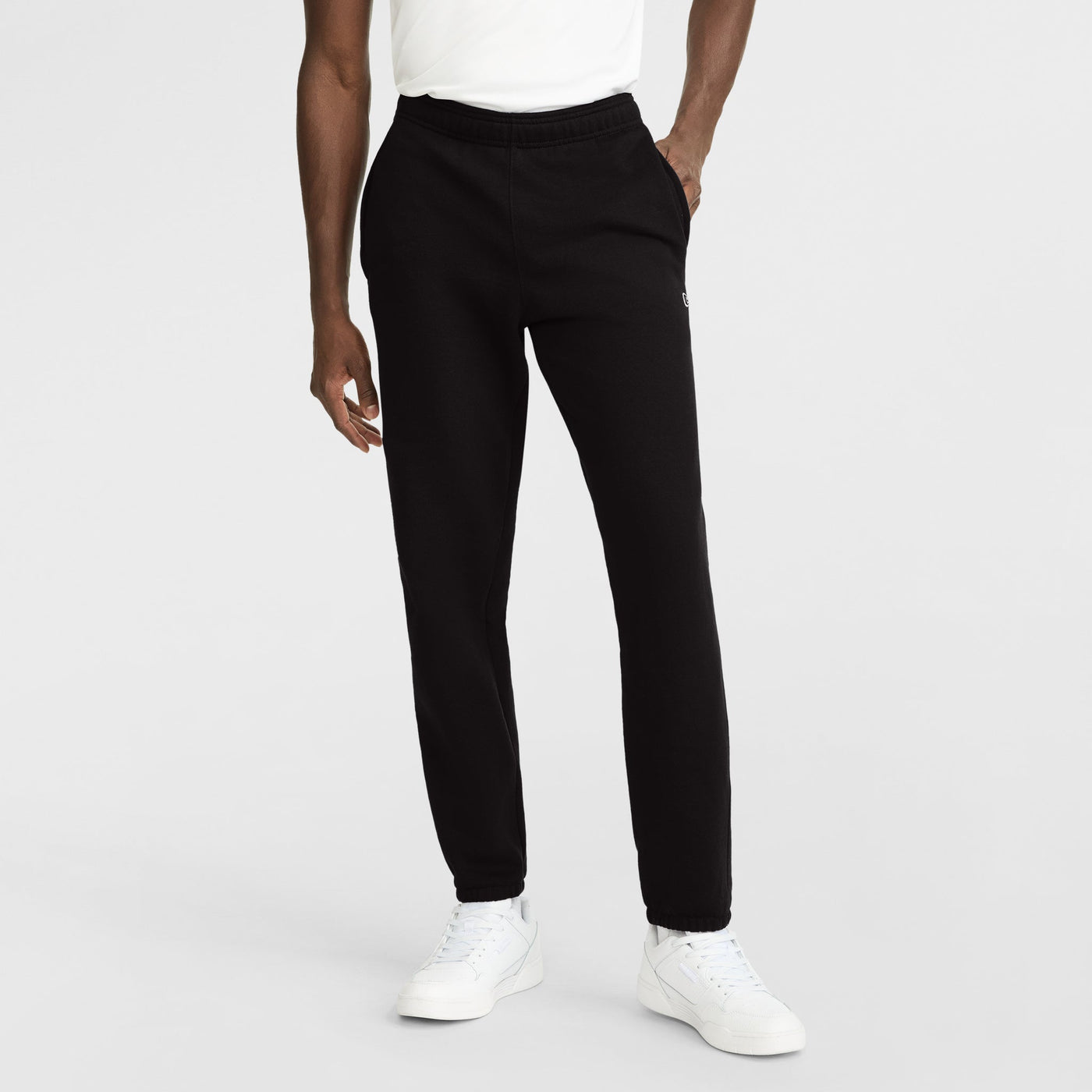 Champion Powerblend Sweatpants, Relaxed Hem, C Logo in Black