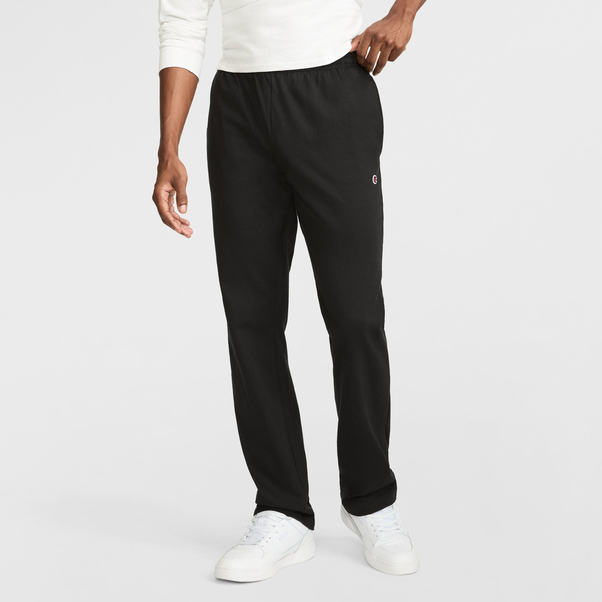 Champion Lightweight Lounge Pants, Open Hem, C Logo in Black