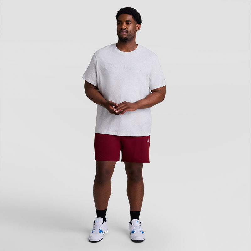 A man faces forward wearing a Champion Classic Graphic T-Shirt, Tonal Script Logo - Big & Tall in light gray, paired with maroon athletic shorts, black socks, and white sneakers against a plain light gray background.