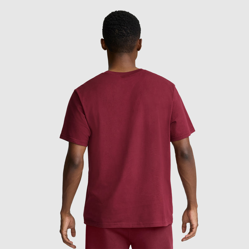 A man stands facing away from the camera, wearing a maroon Champion Classic Graphic T-Shirt with a tonal script logo and matching maroon shorts against a light gray background.